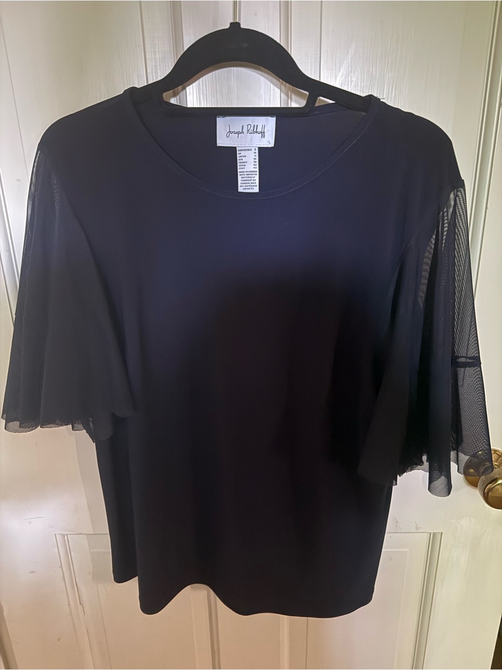 Joseph Ribkoff Navy Short-Sleeve Mesh Detail Top. Size 8